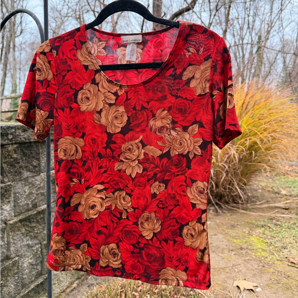 Vintage Susan Lawrence Red Floral Silky Stretch Top